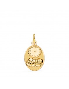 18K MEDALLA ORO AMARILLO OVAL NIÑO DE LA HORA CON RELOJ BRILLO Y MATE 19X12 MM