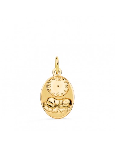 18K MEDALLA ORO AMARILLO OVAL NIÑO DE LA HORA CON RELOJ BRILLO Y MATE 19X12 MM