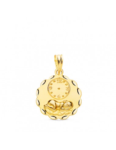 18K MEDALLA ORO AMARILLO REDONDA NIÑO DE LA HORA CON RELOJ TALLADA 16 MM