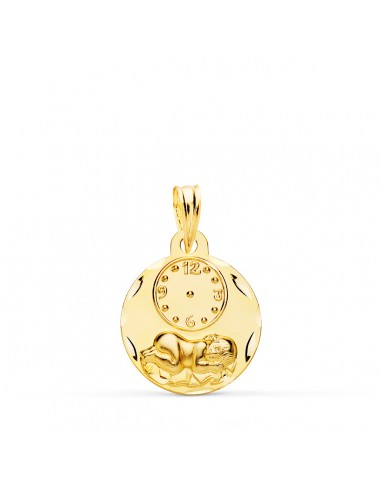 18K MEDALLA ORO AMARILLO REDONDA NIÑO DE LA HORA CON RELOJ TALLADA 15 MM