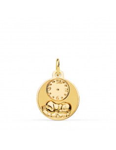 18K MEDALLA ORO AMARILLO REDONDA NIÑO DE LA HORA CON RELOJ BRILLO Y MATE 15 MM