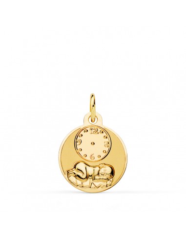 18K MEDALLA ORO AMARILLO REDONDA NIÑO DE LA HORA CON RELOJ BRILLO Y MATE 15 MM