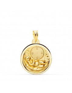 18K MEDALLA ORO AMARILLO NIÑO DE LA HORA SOBRE LUNA CON RELOJ EN BISEL 18 MM