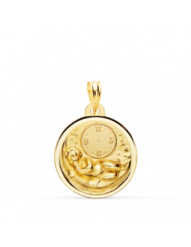 18K MEDALLA ORO AMARILLO NIÑO DE LA HORA SOBRE LUNA CON RELOJ EN BISEL 18 MM