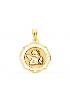 18K MEDALLA ORO AMARILLO ANGELITO BURLON BRILLO CON CERCO CALADO 17X17 MM