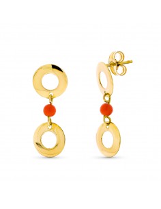 18K PENDIENTES ORO AMARILLO LARGOS DOS CIRCULOS Y CORAL