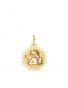 18K MEDALLA ORO AMARILLO OCTOGONAL ANGELITO BURLON BRILLO Y MATE 14X14 MM
