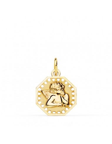 18K MEDALLA ORO AMARILLO OCTOGONAL ANGELITO BURLON BRILLO Y MATE 14X14 MM