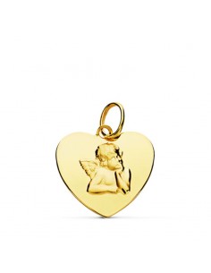 18K COLGANTE ORO AMARILLO CORAZON BRILLO Y ANGELITO BURLON. 14 MM C. AMOR