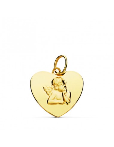 18K COLGANTE ORO AMARILLO CORAZON BRILLO Y ANGELITO BURLON. 14 MM C. AMOR
