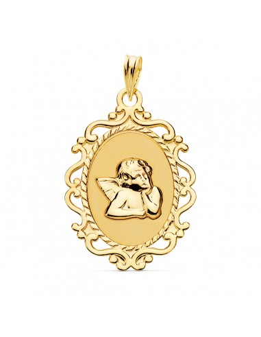 18K MEDALLA ORO AMARILLO ANGEL BURLON BRILLO Y CERCO CALADO 23X16 MM