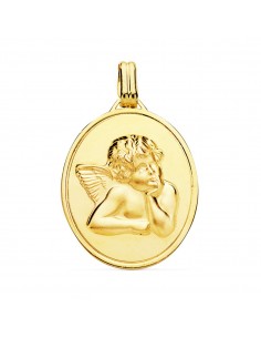 18K COLGANTE MEDALLA ORO AMARILLO ACABADO EN BRILLO Y ANGEL BURLON EN MATIZADO 24X18 MM