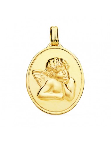18K COLGANTE MEDALLA ORO AMARILLO ACABADO EN BRILLO Y ANGEL BURLON EN MATIZADO 24X18 MM