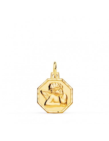 18K MEDALLA ORO AMARILLO OCTOGONAL ANGELITO BURLON TALLADA 13X13 MM