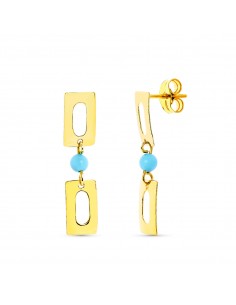 18K PENDIENTES ORO AMARILLO LARGOS TURQUESA 3MM RECTANGULOS PRESION
