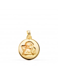 18K MEDALLA ORO AMARILLO REDONDA ANGELITO BURLON BRILLO Y MATE 16 MM