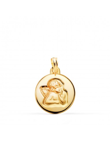 18K MEDALLA ORO AMARILLO REDONDA ANGELITO BURLON BRILLO Y MATE 16 MM