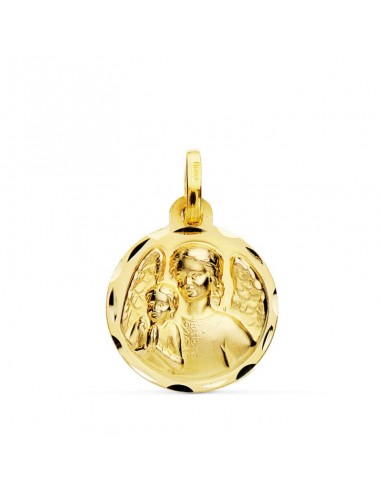 18K MEDALLA ORO AMARILLO ANGEL DE LA GUARDA CON NIÑO TALLADA 16 MM