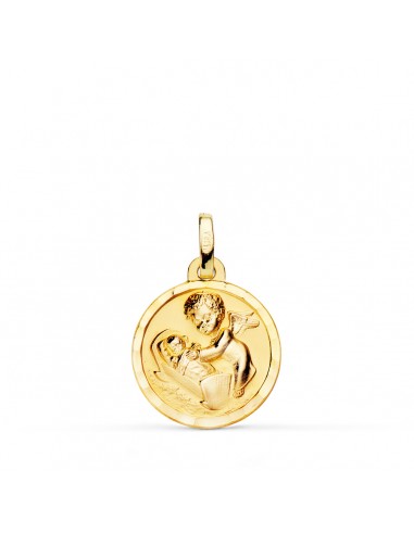 18K MEDALLA ORO AMARILLO ANGEL DE LA GUARDA CON NIÑO 15 MM BISEL