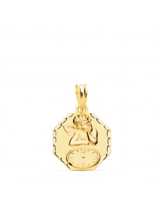 18K MEDALLA OCTOGONAL ANGELITO BURLON CON RELOJ TALLADA. 15 X 15 MM