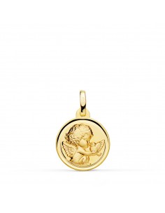 18K MEDALLA ORO AMARILLO ANGEL NIÑO BURLON CON PAJARO BISEL 14 MM