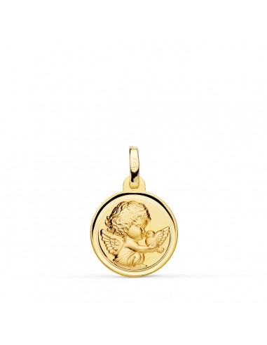 18K MEDALLA ORO AMARILLO ANGEL NIÑO BURLON CON PAJARO BISEL 14 MM