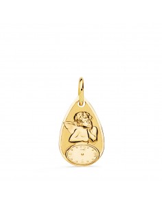 18K MEDALLA GOTA ANGELITO BURLON CON RELOJ BRILLO Y MATE. 19 X 11 MM