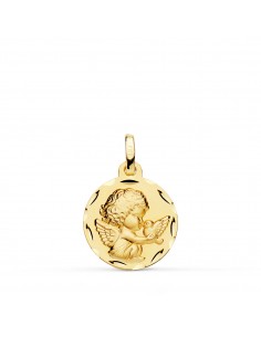 18K MEDALLA ORO AMARILLO ANGELITO BURLON CON PALOMA TALLADA 16 MM