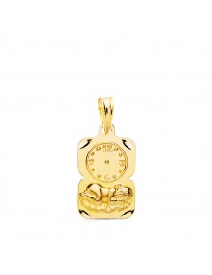 18K MEDALLA RECTANGULO NIÑO DE LA HORA CON RELOJ TALLADA. 19 X 11 MM