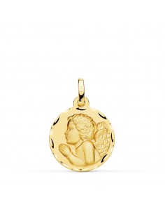 18K MEDALLA ORO AMARILLO ANGEL NIÑO PIADOSO REZANDO TALLADO 18 MM