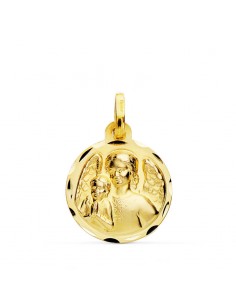 18K MEDALLA ANGEL DE LA GUARDA CON NIÑO TALLADA 16 MM