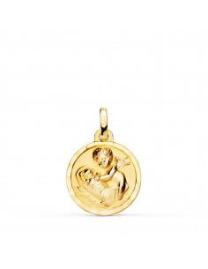 18K MEDALLA ANGEL DE LA GUARDA CON NIÑO 15 MM BISEL