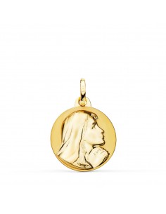 18K MEDALLA VIRGEN MARIA REZANDO BRILLO Y MATE 18 MM.