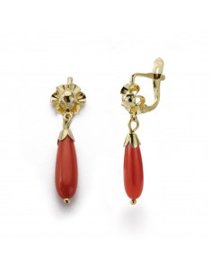18K PENDIENTES ORO AMARILLO PERA CORAL ROJO NATURAL 25 X 6 MM. ORIGEN CERDEÑA