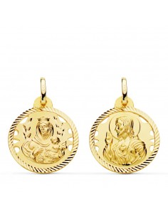 18K ESCAPULARIO HELICE CALADO VIRGEN CARMEN Y CORAZON DE JESUS 20 MM