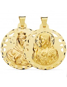 18K ESCAPULARIO CALADO TALLADO VIRGEN CARMEN Y CORAZON DE JESUS 42 MM