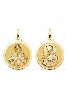 18K ESCAPULARIO BRILLO VIRGEN DEL CARMEN Y CORAZON DE JESÚS 22 MM.