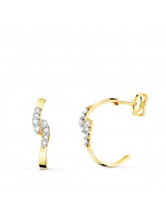 18K PENDIENTES ORO BICOLOR 1/2 ARO CUADRADO CON CIRCONITAS. 15 X 3 MM. PRESION