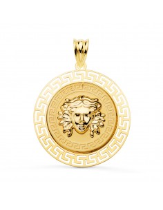 18K MEDALLA ORO AMARILLO MEDUSA CON BORDE CALADA Y GRECA MATIZADA 27 MM