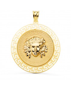 18K MEDALLA ORO AMARILLO MEDUSA CON BORDE CALADA Y GRECA MATIZADA 33 MM