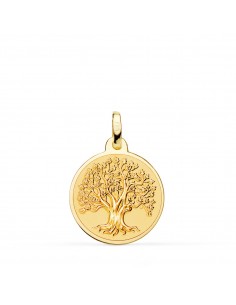 18K MEDALLA ORO AMARILLO ARBOL DE LA VIDA EN BRILLO Y FONDO MATIZADO 18 MM