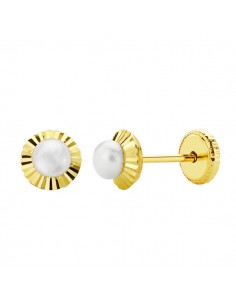 18K PENDIENTES ORO AMARILLO PERLA ORLA TALLADA 5MM.
