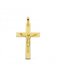 18K CRUZ ORO AMARILLO CON CRISTO PLANA MATE Y BRILLO.