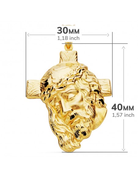 18K CABEZA DE CRISTO CON CRUZ TALLADA 40 X 30 MM