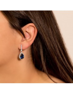 18K PENDIENTES ORO BLANCO DOS CUERPOS CON PIEDRA AZUL 12 X 8MM. 33X12MM 2