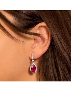 18K PENDIENTES ORO BLANCO DOS CUERPOS CON PIEDRA ROJA 12 X 8MM. 33X12MM 2