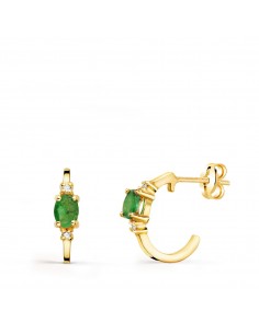 18K PENDIENTES ORO AMARILLO MEDIO ARO LISO CON ESMERALDAS 12X3 MM PRESION.