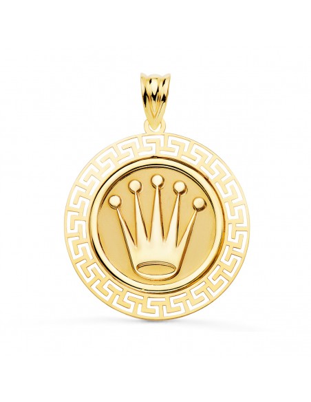 18K MEDALLA ORO AMARILLO CORONA CON BORDE DE GRECA CALADA. 27 MM