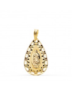 18K MEDALLA ORO AMARILLO VIRGEN DE GUADALUPE CERCO CALADO Y TALLADO 22X14 MM