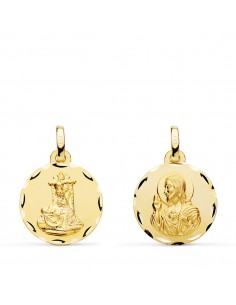 18K MEDALLA ESCAPULARIO VIRGEN DE LAS ANGUSTIAS Y CORAZON DE JESUS TALLADA 16 MM